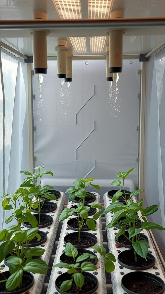 A homemade aeroponic system with plants growing in pots below misting nozzles.