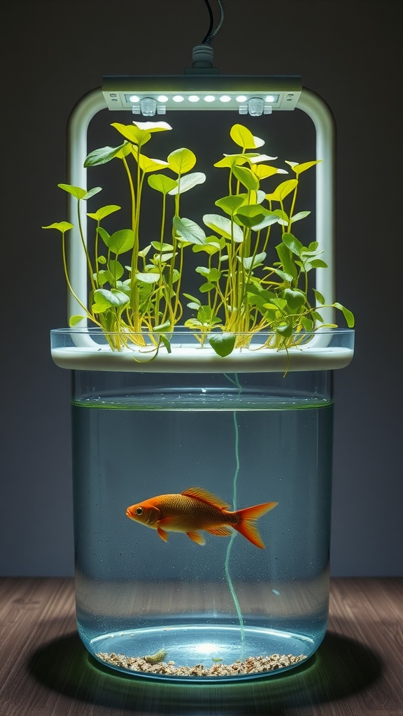 A hydroponic fish tank garden with plants growing above a fish tank containing a goldfish.