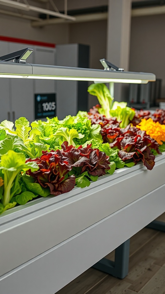 Vibrant hydroponic salad bar with lush lettuce and greens under bright grow lights.