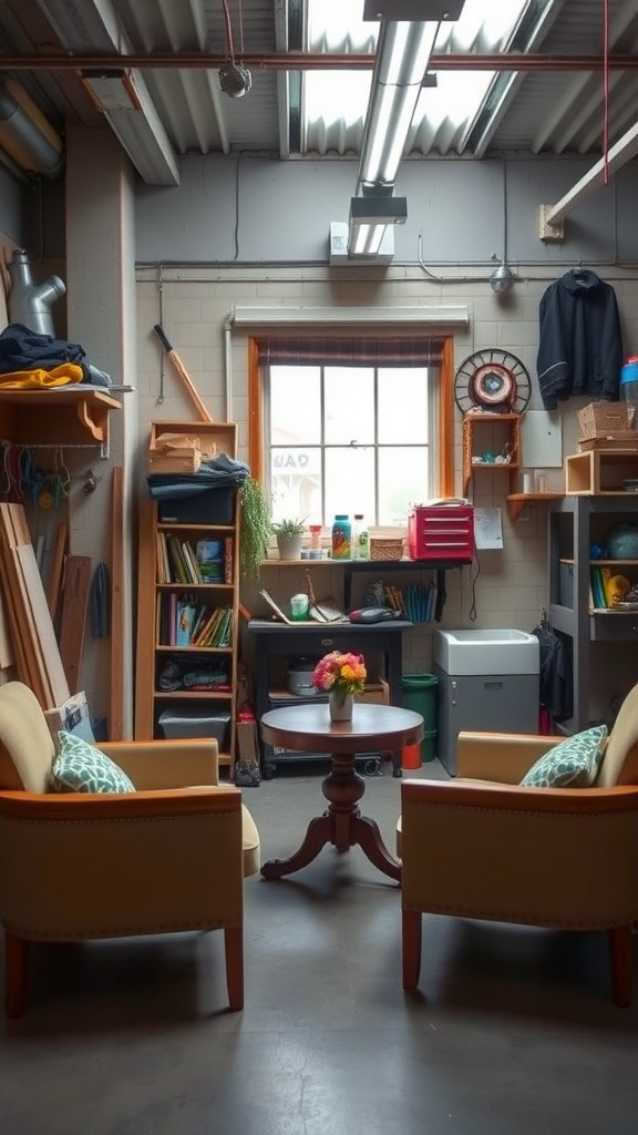 A garage workshop with a cozy seating area featuring two chairs and a small table, surrounded by shelves and tools.