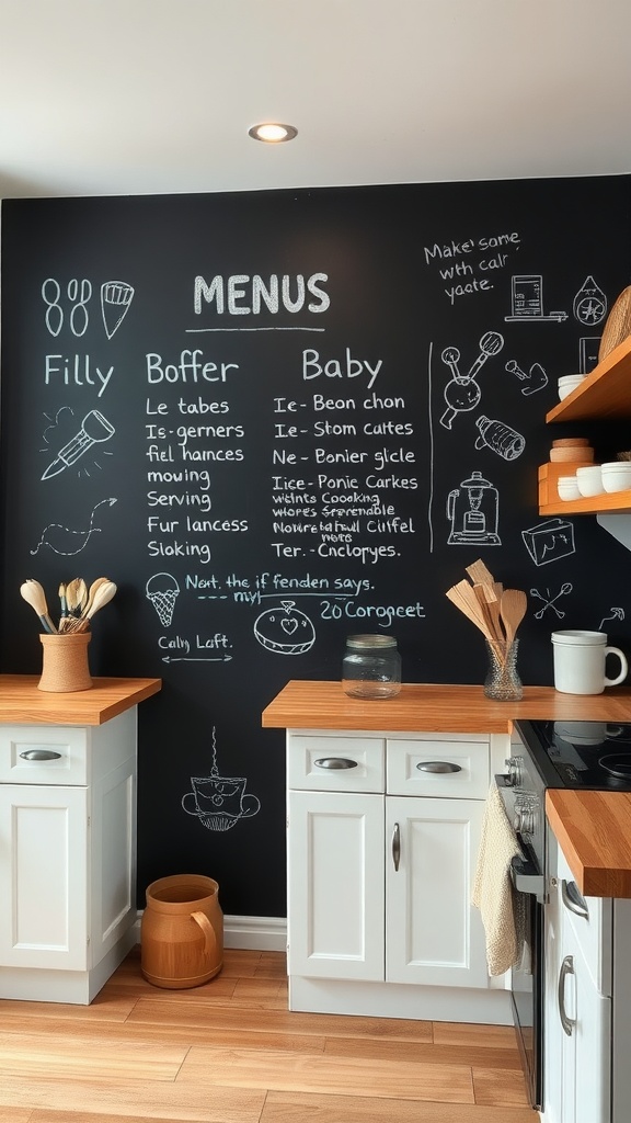 A small kitchen with a chalkboard wall displaying menus and doodles, featuring white cabinets and wooden countertops.