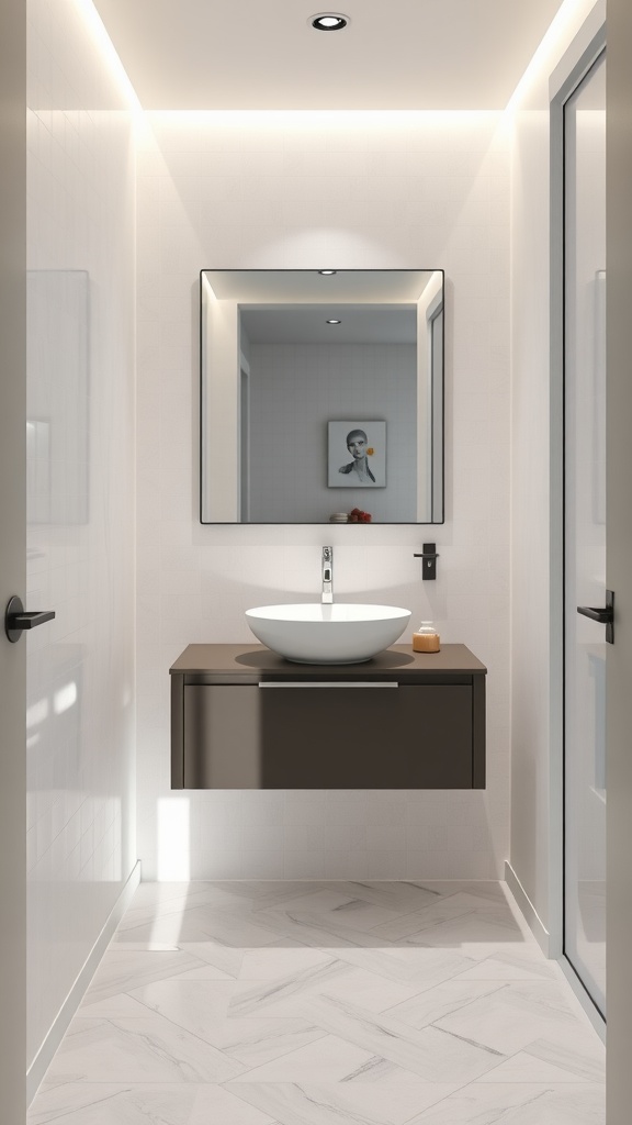 Modern floating vanity in a small bathroom with a round sink and stylish mirror.