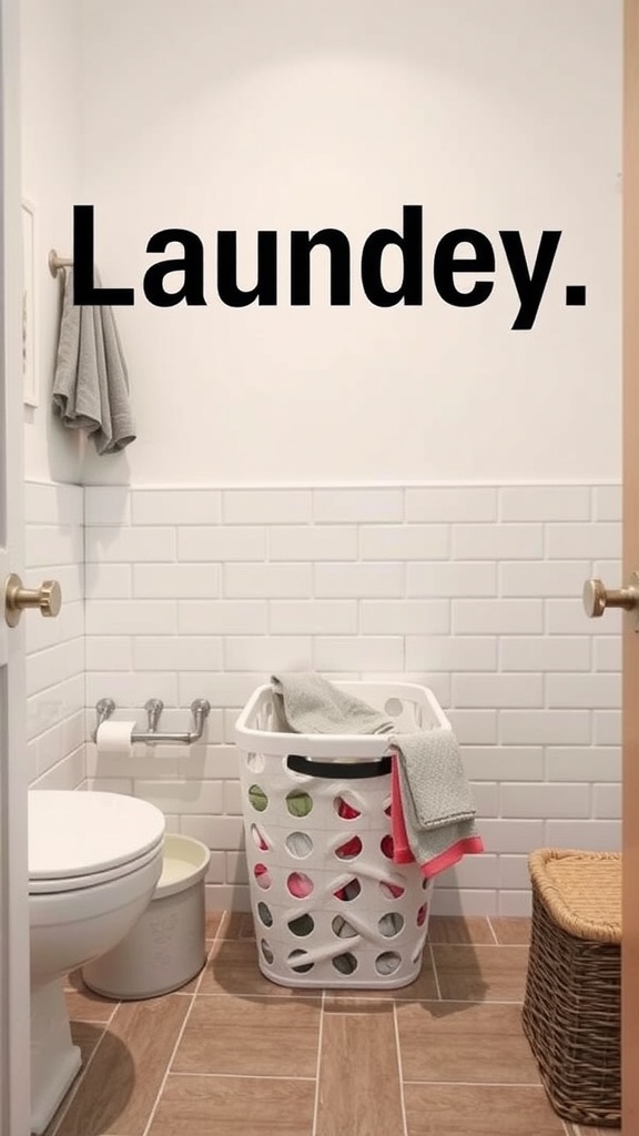 A small bathroom featuring a white laundry basket, toilet, and decor