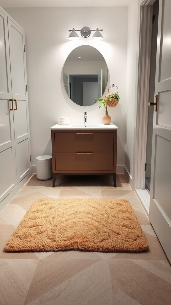 Small bathroom featuring an orange bath mat in front of a sink and cabinet