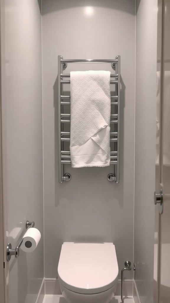 A small full bathroom featuring a modern towel warmer with a white towel, a toilet, and a toilet paper holder.