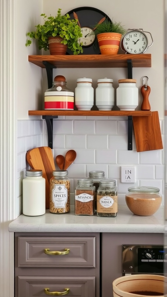 A small kitchen with wooden shelves, jars, plants, and utensils, showcasing functional decor.