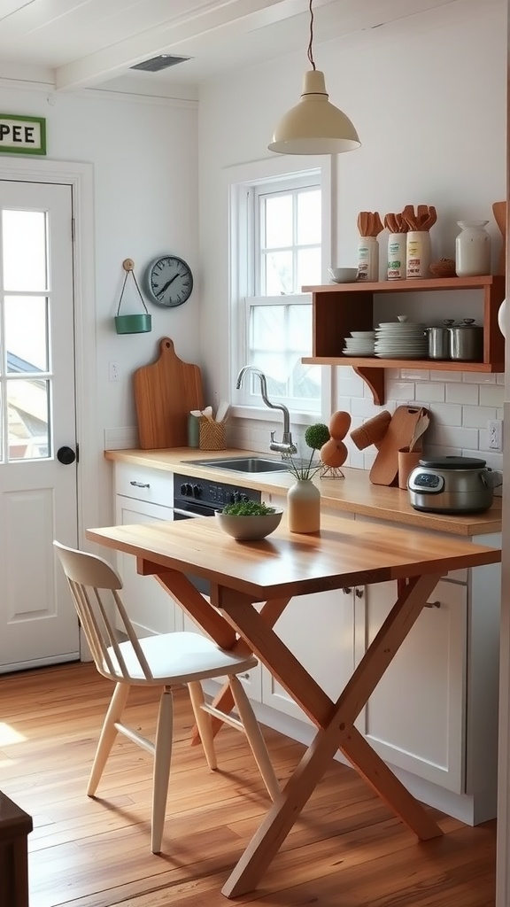 A cozy tiny cottage kitchen with a multi-functional wooden table and open shelving.