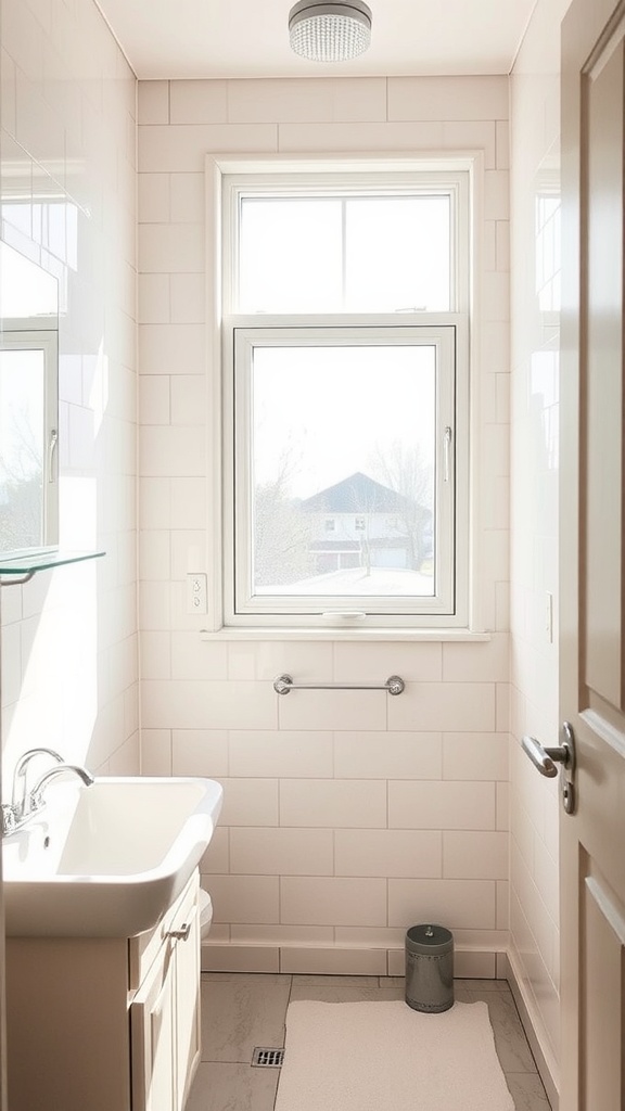 Small full bathroom with a large window allowing natural light to illuminate the space.