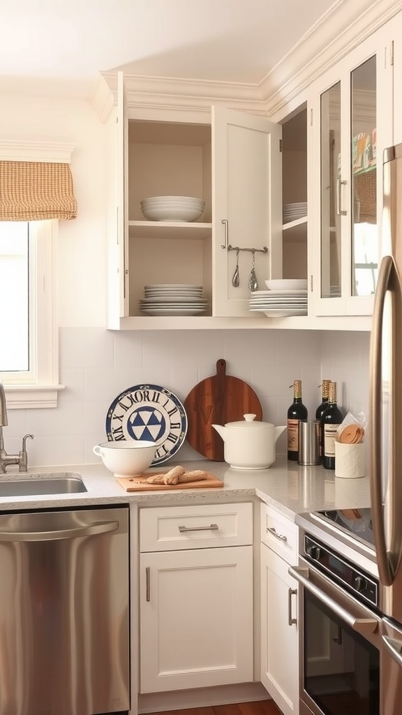 A small kitchen featuring open cabinets with white dishware, a wooden cutting board, and decorative items.