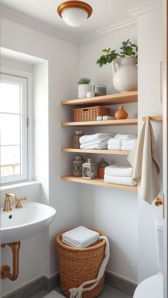 A small bathroom with open shelving displaying towels, plants, and decorative items.