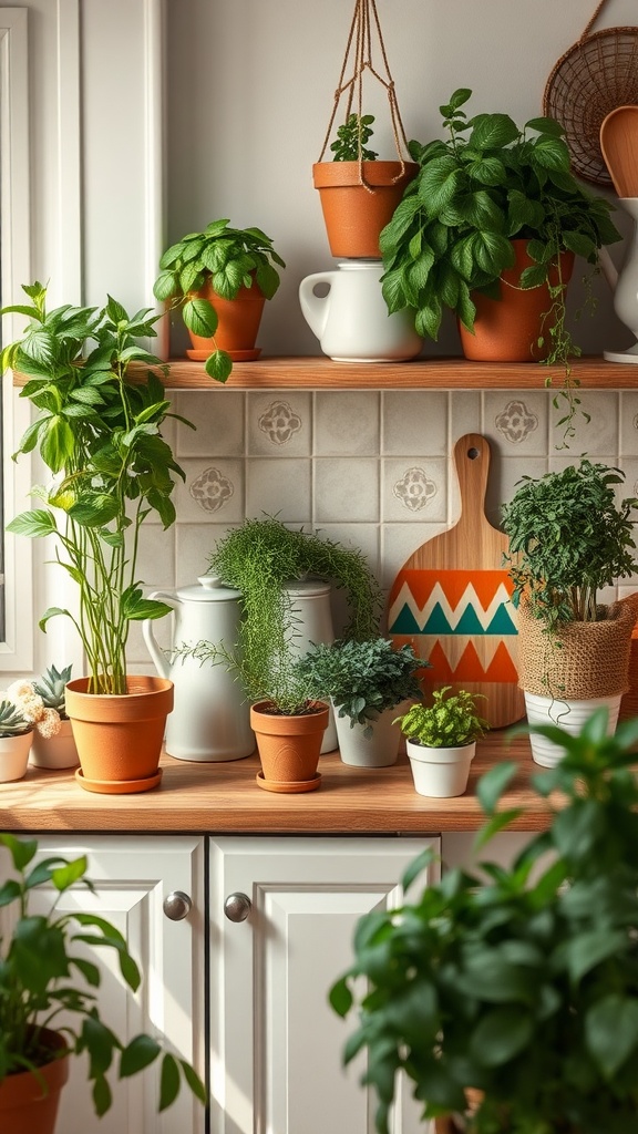 A small kitchen shelf filled with various potted plants, including herbs and succulents, creating a fresh and lively atmosphere.