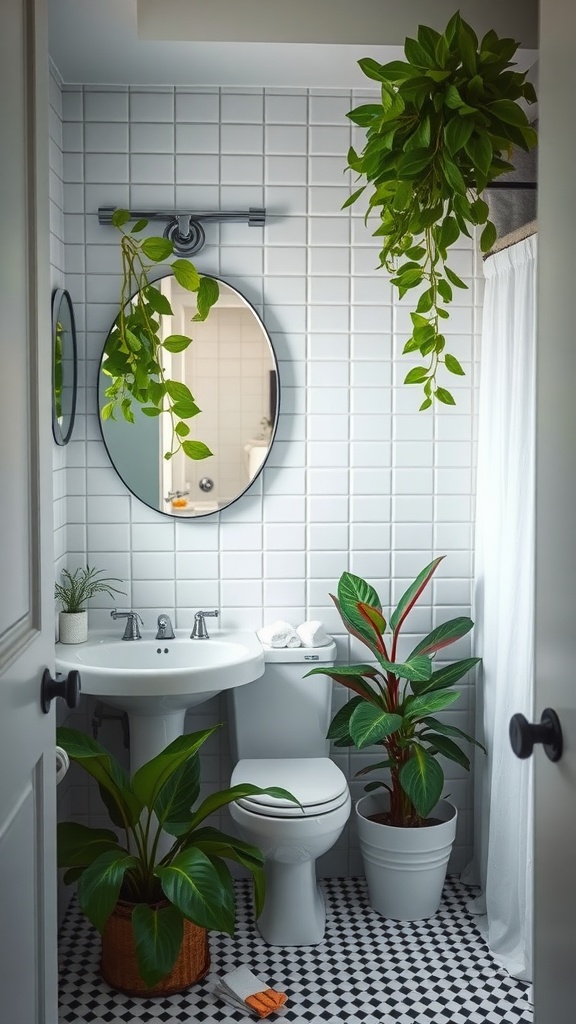 A small bathroom with plants, featuring a round mirror, a sink, and a toilet, surrounded by greenery and tiled walls.