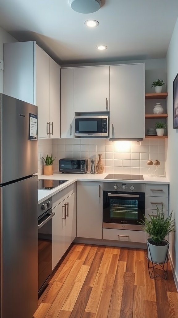 A compact kitchen featuring modern appliances, smart lighting, and efficient storage solutions.