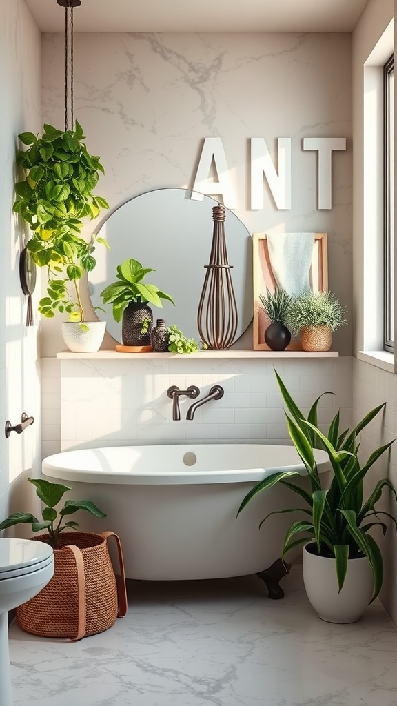 A stylish bathroom with indoor plants and a freestanding tub, creating a fresh and inviting atmosphere.