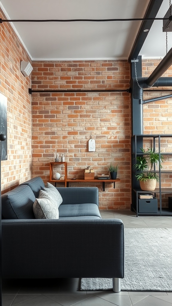 Cozy living room with dark gray couch and exposed brick wall