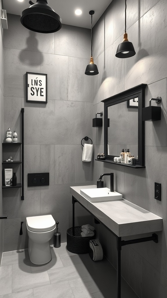 A modern industrial bathroom featuring concrete walls, black lighting fixtures, and a minimalist vanity.