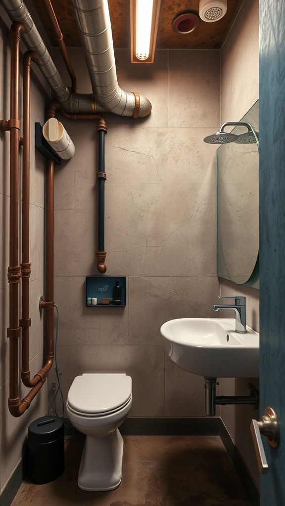 An industrial-style bathroom featuring exposed piping, concrete walls, and modern fixtures.