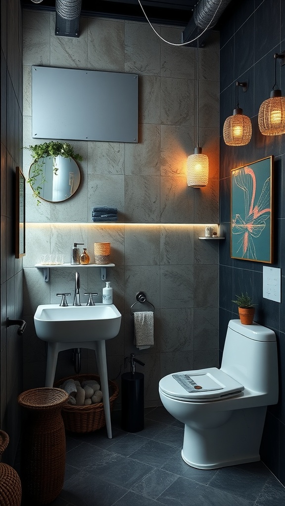 A modern industrial bathroom with metal finishes, featuring a sleek sink, textured wall tiles, and warm lighting.