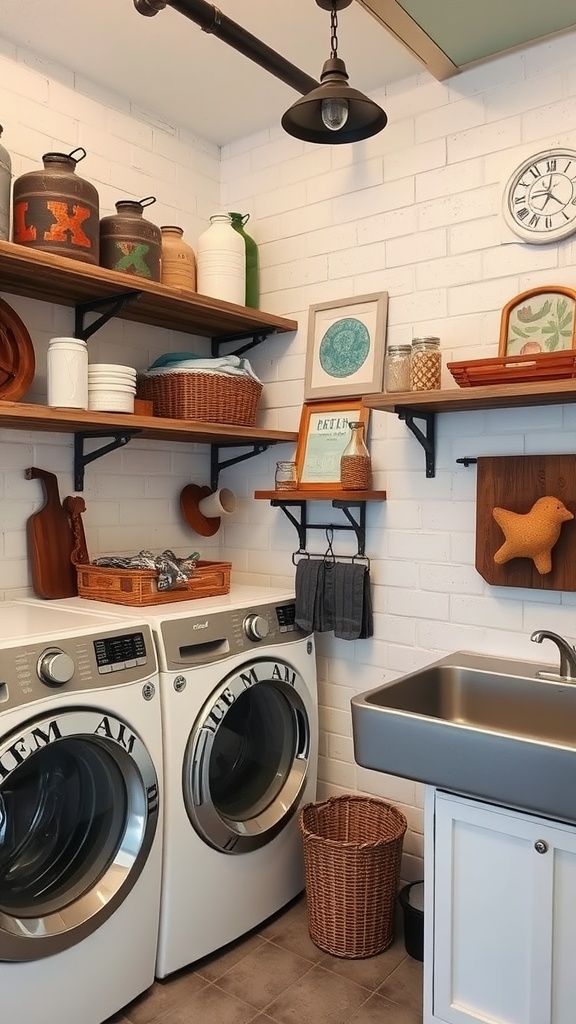 Laundry room featuring industrial pipe shelving with wooden shelves and various decorative items.