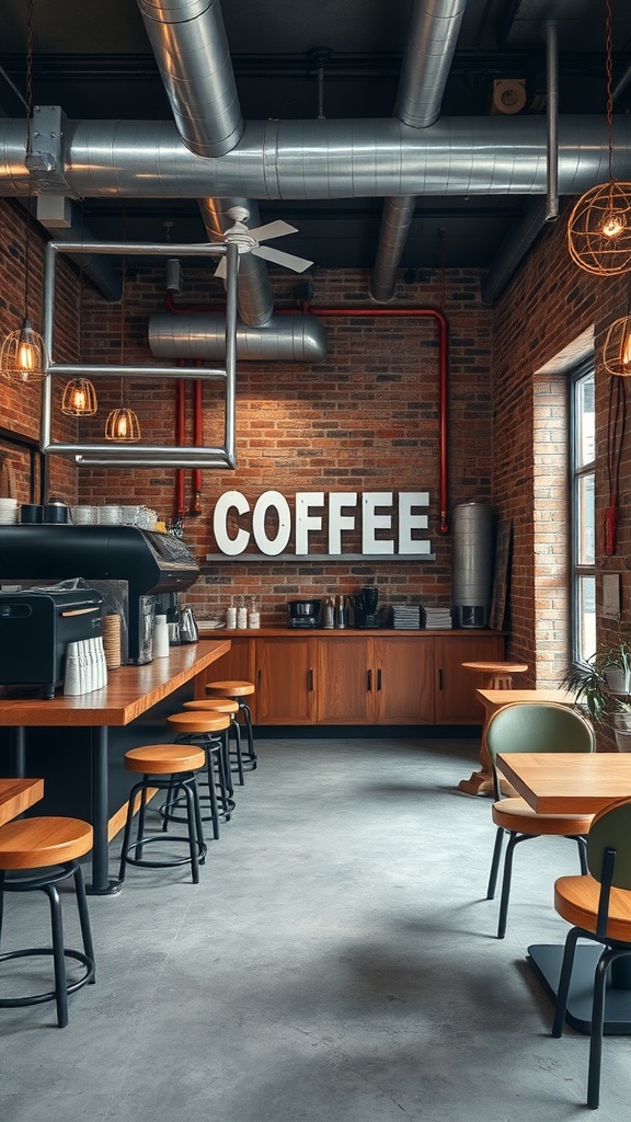 A stylish industrial coffee bar featuring exposed brick walls, a wooden counter, black stools, and metal accents.