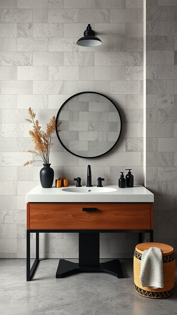 Industrial style bathroom vanity with a metal frame, wooden drawer, round mirror, and decorative accents.