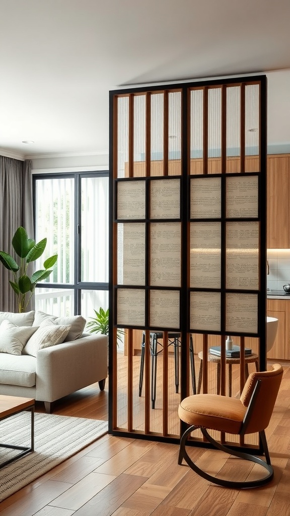 Stylish room divider separating a living room from a kitchen, featuring wooden frames and fabric screens.