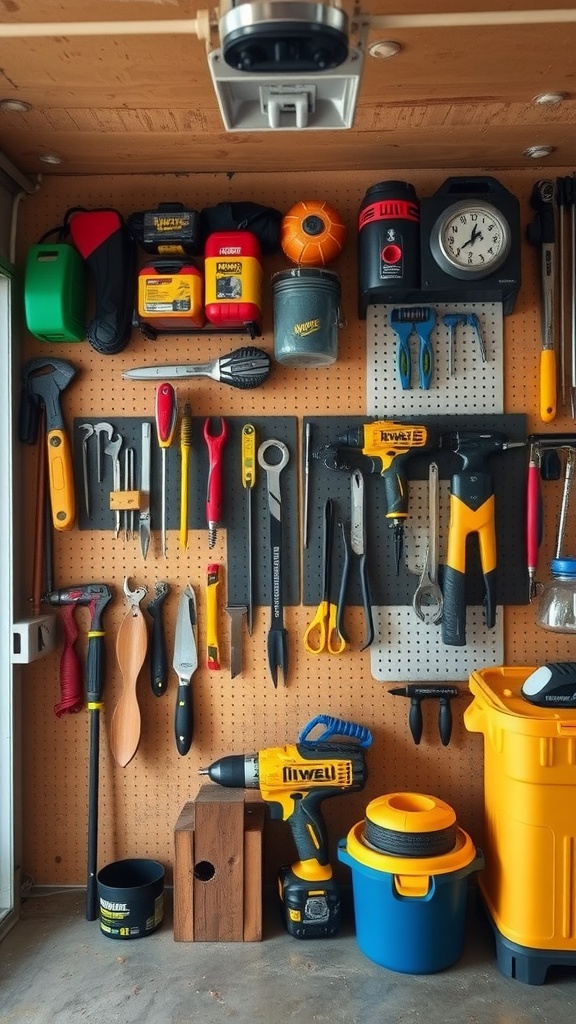 Organized garage workshop with tools on a pegboard and storage bins