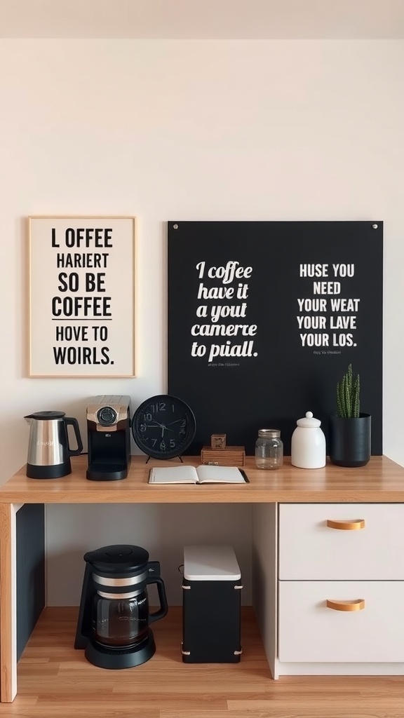 A cozy coffee workstation featuring two coffee makers, a clock, an open notebook, and playful wall art.