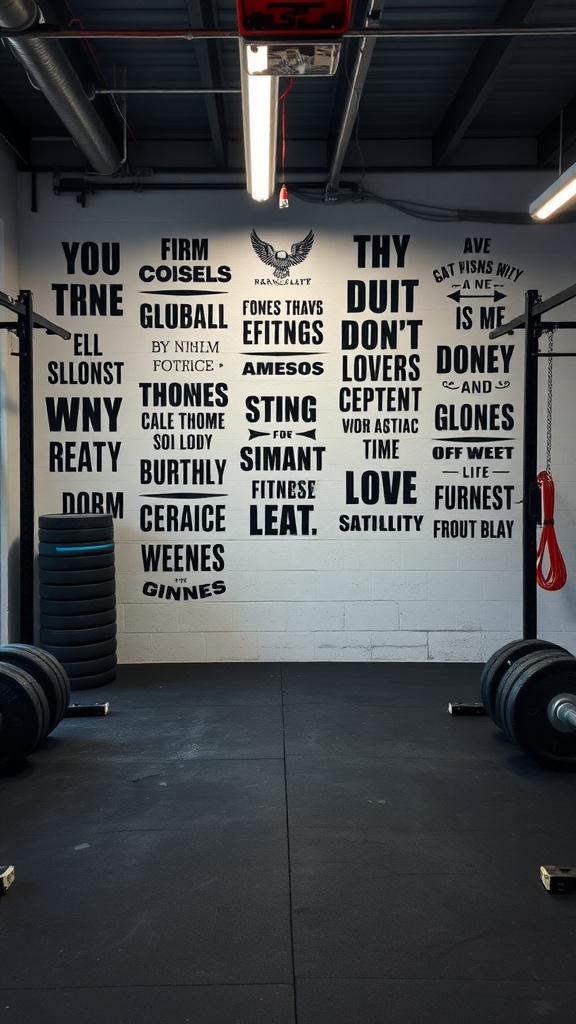 A garage gym wall adorned with fitness quotes and inspiring phrases.