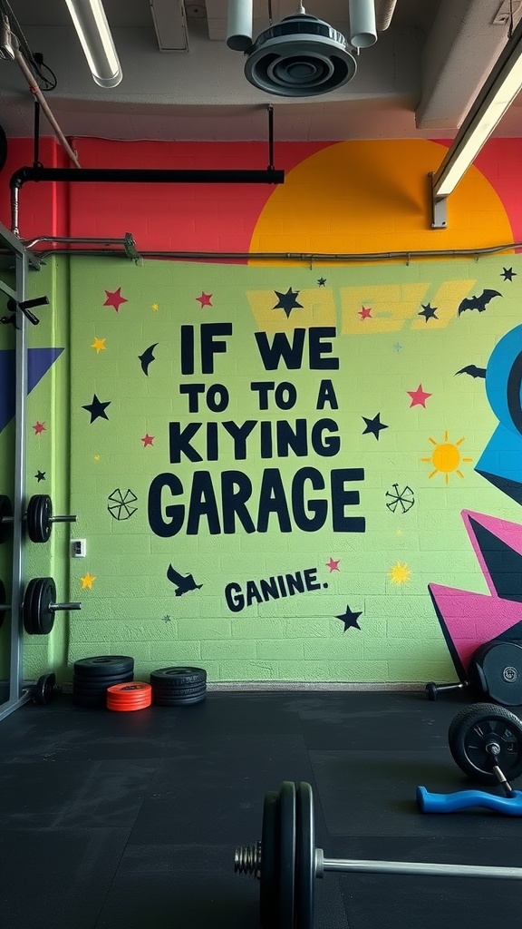 A colorful gym wall mural with the phrase 'IF WE TO A KIYING GARAGE GANINE' in bold letters, surrounded by playful shapes and colors.