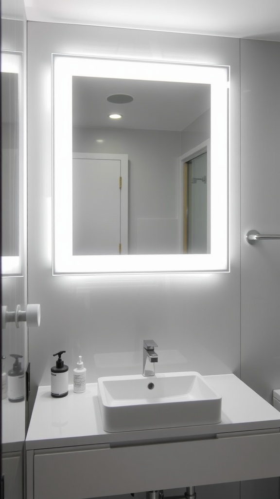 A modern bathroom featuring a stylish backlit mirror above a sleek sink.