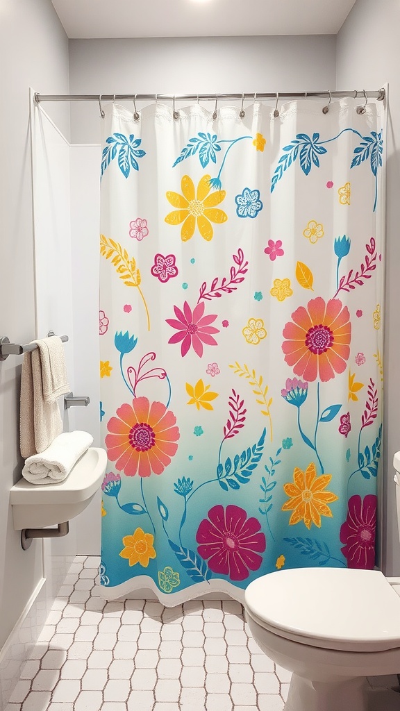 A vibrant floral shower curtain hanging in a bathroom, showcasing bright flowers and leaves.