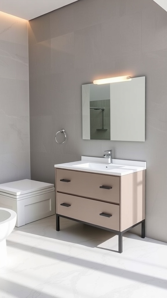 A modern bathroom featuring a light brown vanity with a white countertop and a mirror.