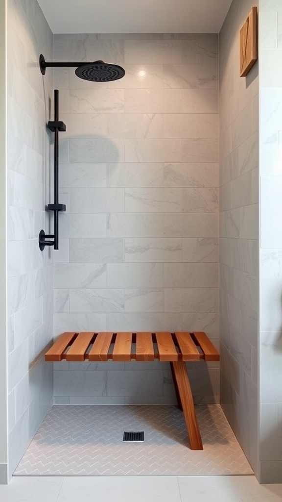 A modern shower featuring a wooden bench, gray tiles, and a black showerhead.