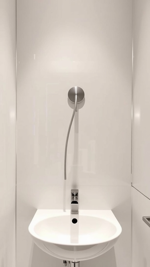 A modern wall-mounted faucet above a round sink in a minimalist bathroom