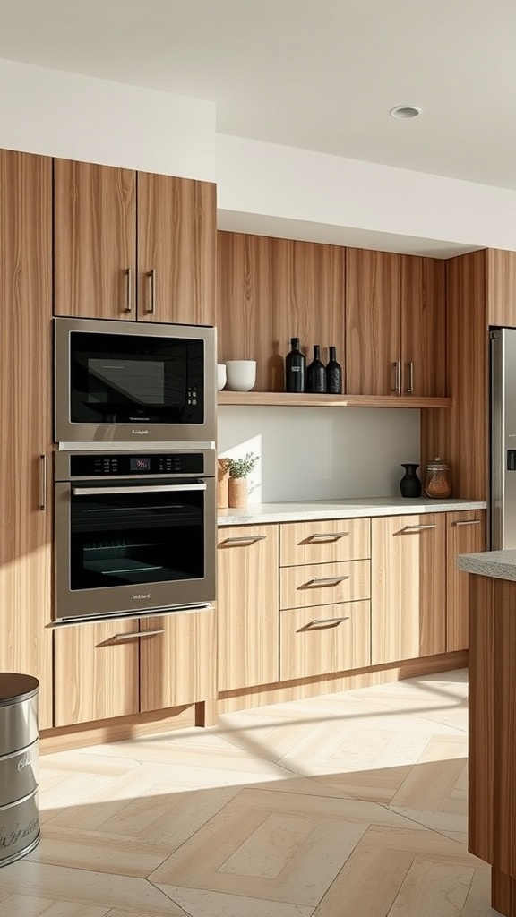 A modern kitchen featuring integrated appliances with wooden cabinetry