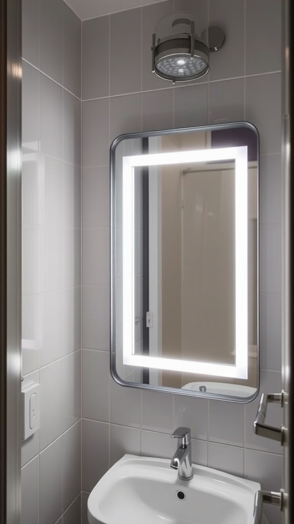 A small bathroom with a mirror featuring integrated LED lighting, a simple sink, and modern fixtures.