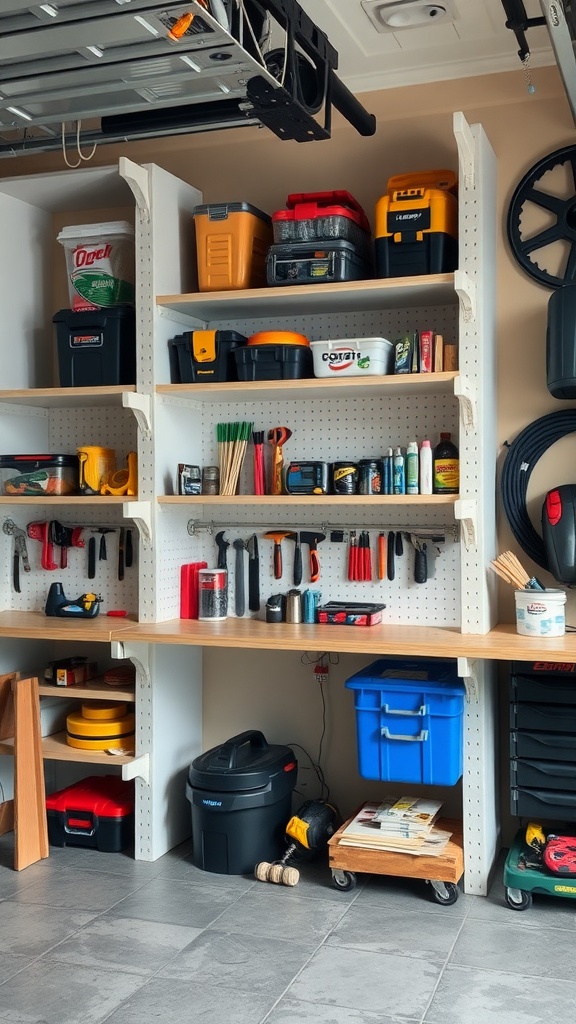 A well-organized garage workshop featuring integrated shelving with tools and storage bins