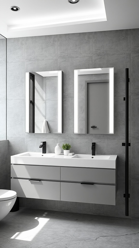 A modern grey and white bathroom featuring illuminated mirrors, dual sinks, and minimalist cabinetry.