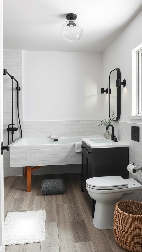 Modern farmhouse bathroom featuring integrated technology and sleek design.