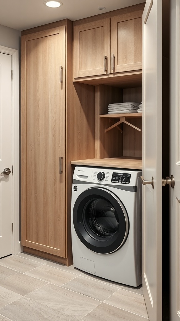 Integrated washer-dryer cabinetry in a laundry room with wooden cabinets and a modern washing machine.