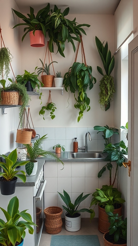 A cozy tiny cottage kitchen filled with various hanging and potted plants, creating a fresh and lively atmosphere.