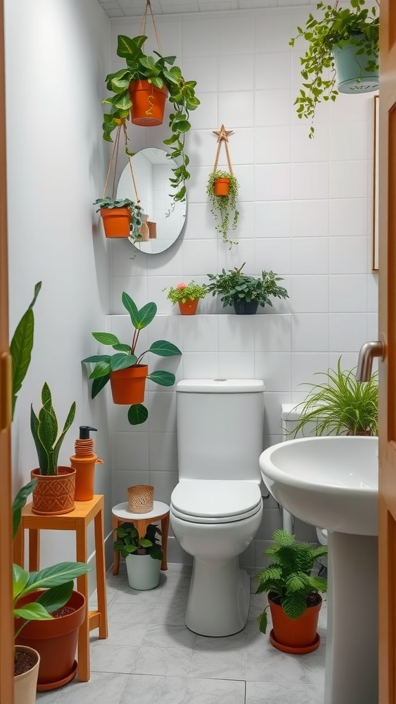 A small bathroom adorned with various plants in pots, including hanging plants and floor plants, creating a fresh and lively atmosphere.