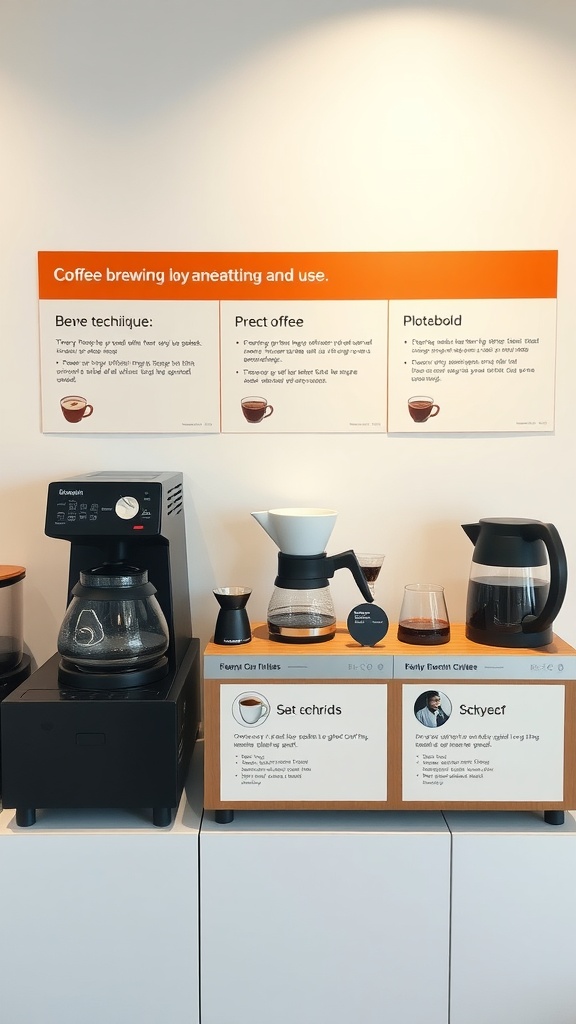 An interactive coffee brewing station with various coffee-making equipment and brewing tips displayed.