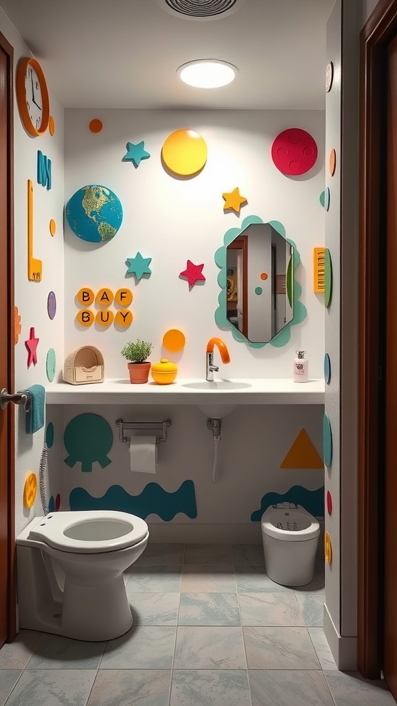 A colorful kids bathroom with an interactive sensory wall featuring shapes, letters, and a globe.