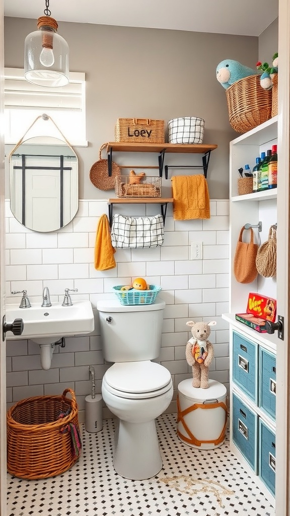 A well-organized kids bathroom featuring interactive storage solutions with colorful baskets, toys, and towels.