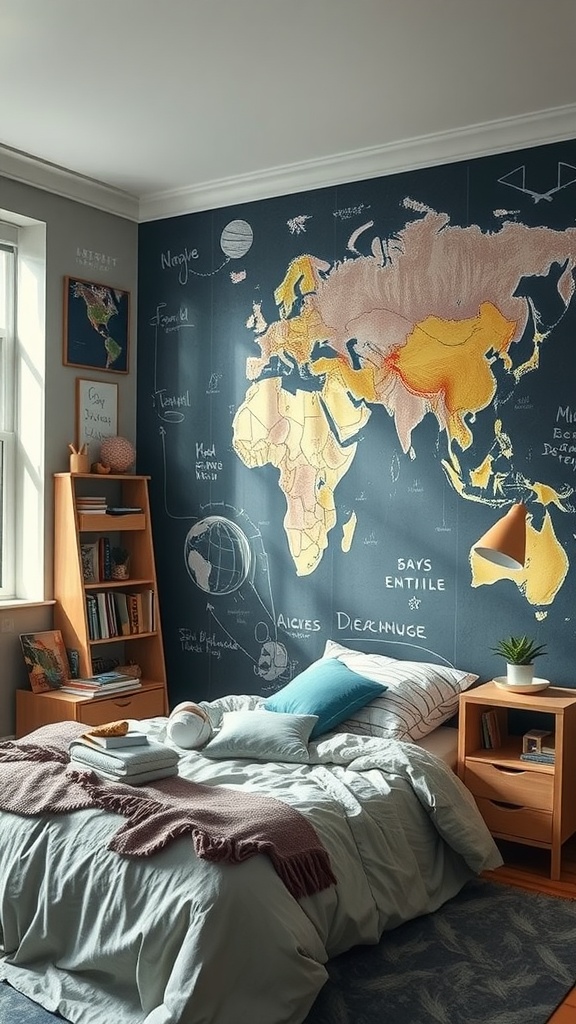A modern teen boy's bedroom featuring an interactive world map mural on the wall, with a cozy bed and wooden furniture.