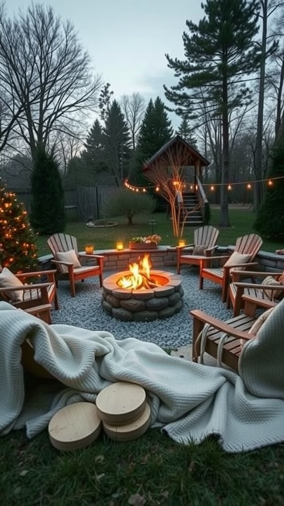 Cozy fire pit setup with chairs and warm lighting in a garden setting.