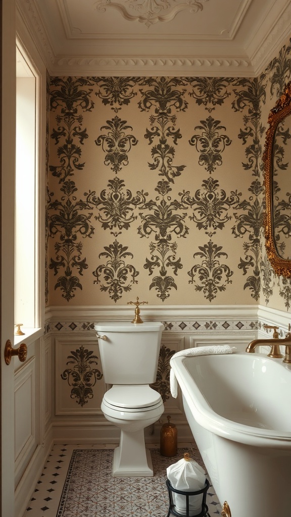 Victorian bathroom with intricate wall molding and ornate wallpaper