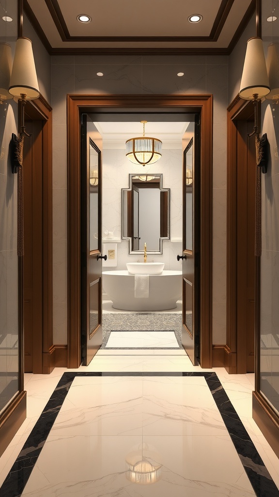 Luxurious bathroom entryway with double doors and elegant lighting.